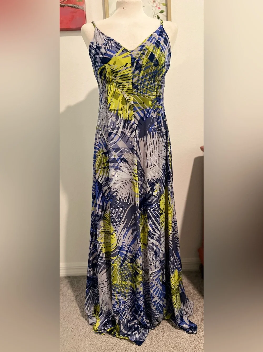 Jennifer Lopez Blue, Navy & Lime Tropical Print Maxi Skirt